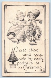 Wall Artist Signed Postcard Christmas Dutch Childrens Dancing With Wreath 1914
