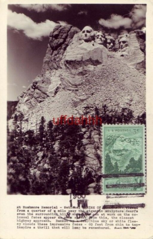 1960 MT RUSHMORE MEMORIAL (1952 Commemorative stamp) RPPC Verne's photo 1140