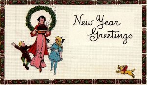 1913 NEW YEAR GREETINGS CHILDREN DOG TURKEY E BERGMAN EMBOSSED POSTCARD 20-182