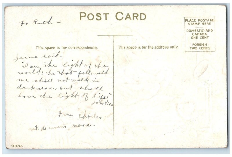 c1910's Christmas Mistletoe Angel And Children Pine Cone Bells Embossed Postcard