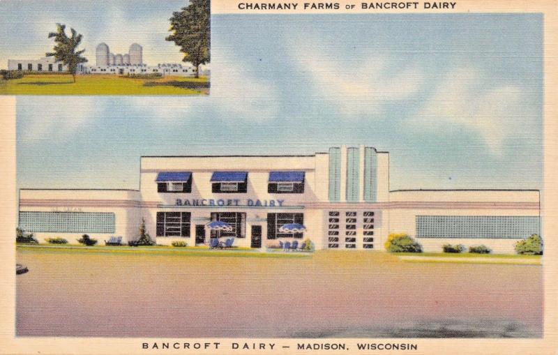 MADISON WISCONSIN~CHARMANY FARMS~BANCROFT DAIRY-ART DECO BLDG POSTCARD 1940s