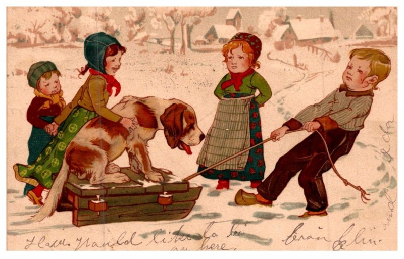 Dog , Dutch children pulling sled with dog