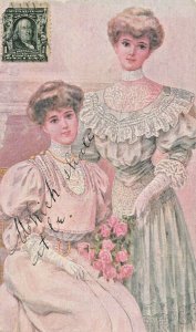 2 BEAUTIFUL WOMEN IN PERIOD DRESS~1900s ROMANCE POSTCARD~Scott # UX18 McKINLEY