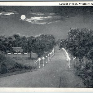 c1940s Waverly, IA Postcard Locust Street at Night Moon Street Lights