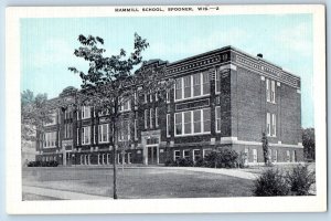 Spooner Wisconsin Postcard Hammill School Building Exterior Trees 1940 Unposted