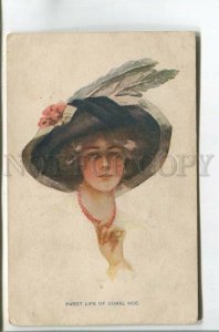 477975 Philip BOILEAU Sweet lips Coral hue BELLE Girl in Hat Vintage FINNISH