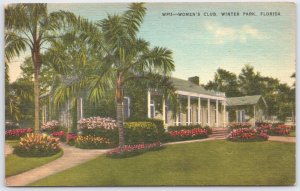 Vintage Linen Postcard Women's Club Winter Park Florida Palm Trees