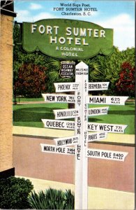 Linen Postcard World Sign Post Fort Sumter Hotel in Charleston, South Carolina