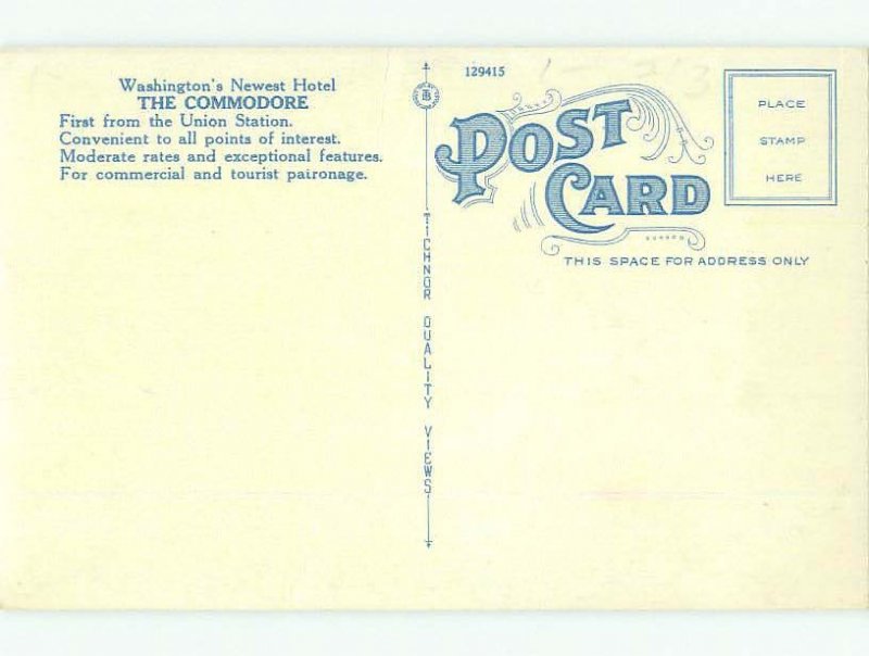Unused W-Border COMMODORE HOTEL Washington DC hr8897