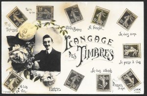 FRANCE Stamps on Postcard Language of Stamps Man & Roses Unused c1910s