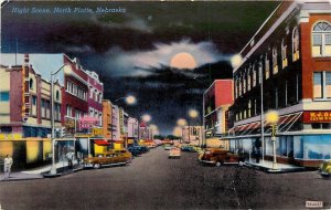 Postcard 1940s Nebraska North Platte Night Dewey autos Colorpicture NE25-1834