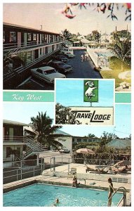 Key West TraveLodge Swimming at Pool Old Cars Hotel Vtg Postcard