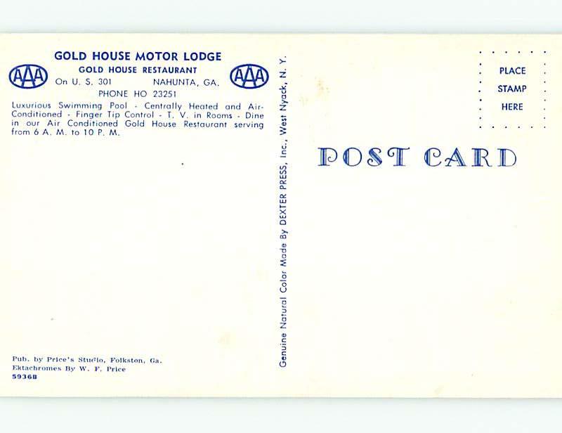 Unused Pre-1980 OLD CARS & GOLD HOUSE RESTAURANT & MOTEL Nahunta GA s6835@