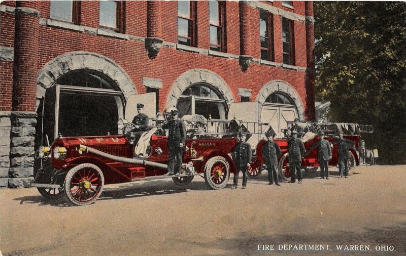 F10/ Warren Ohio Postcard Fire Department c1910 Ladder Co Truck Men 7