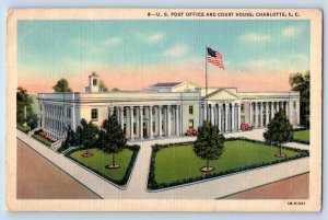 Charlotte North Carolina NC Postcard Post Office Building Aerial View Flag 1940