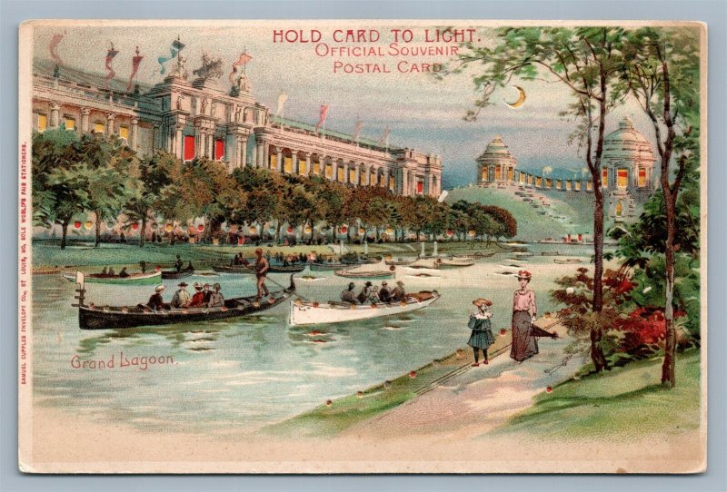 HOLD TO LIGHT 1904 WORLD FAIR ST.LOUIS MO ANTIQUE POSTCARD HTL GRAND LAGOON