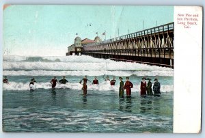 1908 New Pier &  Sun Pavilion Bathing Bridge View Long Beach California Postcard