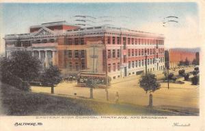 Baltimore Maryland Eastern High School Exterior Trolley Antique Postcard K24330