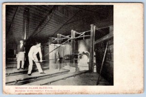 Pre-1907 WINDOW GLASS BLOWING BLOWER WITH PARTLY FINISHED CYLINDER POSTCARD