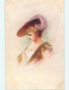 Divided-Back art nouveau signed PRETTY GIRL WITH PURPLE FEATHER ON HAT r2497@