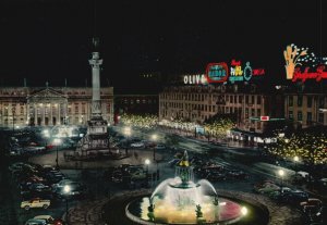 Vintage Postcard Lisboa Rossio E Teatro Nacional De Noite National Theater Night