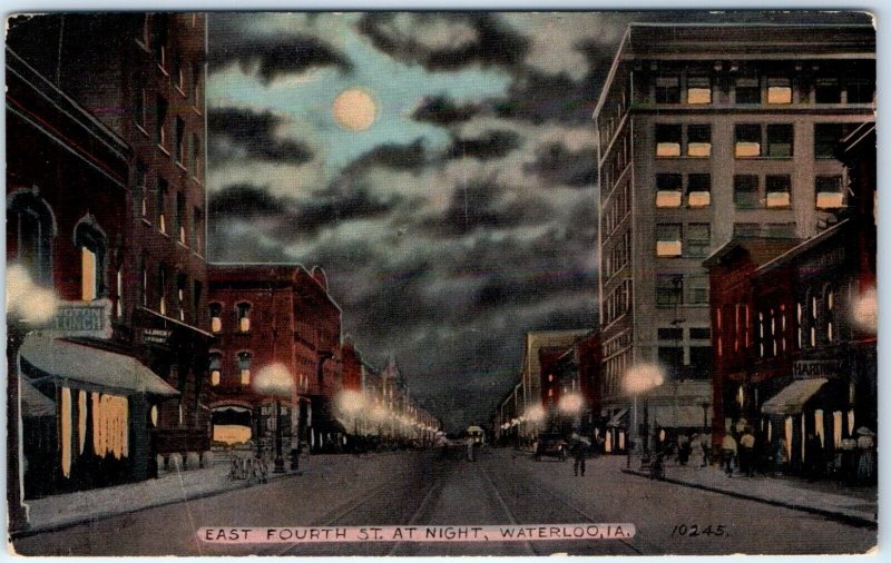 c1910s Waterloo, IA East E 4th St @ Night Litho Photo Postcard Vtg Downtown A62