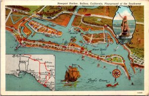 Linen Postcard Map of Newport Harbor, Balboa, California