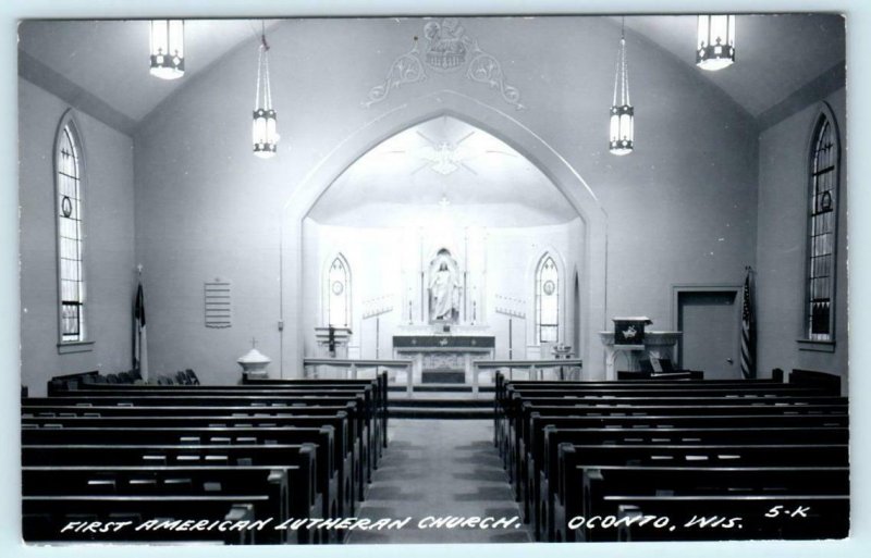 RPPC  OCONTO, Wisconsin WI ~ Interior FIRST AMERICAN LUTHERAN CHURCH Postcard