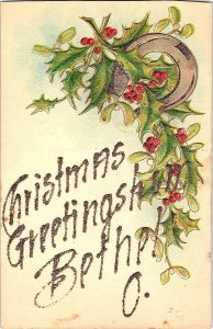 Christmas Greetings Bethel Glitter Large Letter Holly/Horseshoe 1908 Postcard