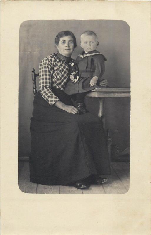 Vintage photo postcard woman & baby boy