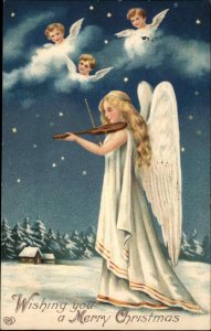 Christmas EAS Angel Playing Violin Cherubs in Night Sky c1910 Postcard