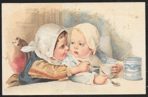 VICTORIAN TRADE CARD Borden Condensed Milk Two Kids With White Bonnets c1887