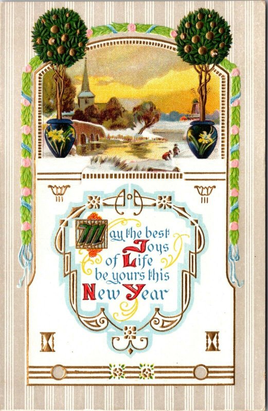 New Year, Vintage Postcard winter scene - tree - vintage - pc embossed unposted