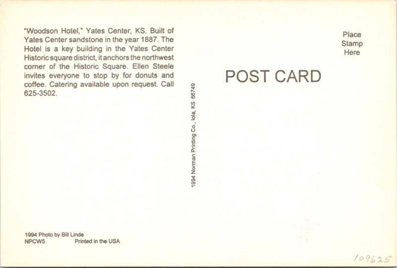 Yates Center, KS Kansas WOODSON HOTEL~Ellen Steele 1994 4X6 Advertising Postcard