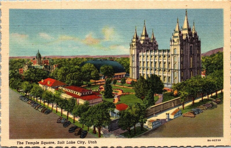 Temple Square Salt Lake City Utah UT Aerial View Linen Postcard Scalloped VTG 