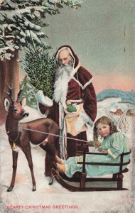 SANTA CLAUS-BROWN ROBE-BLONDE GIRL IN SLED-HEARTY CHRISTMAS GREETINGS POSTCARD