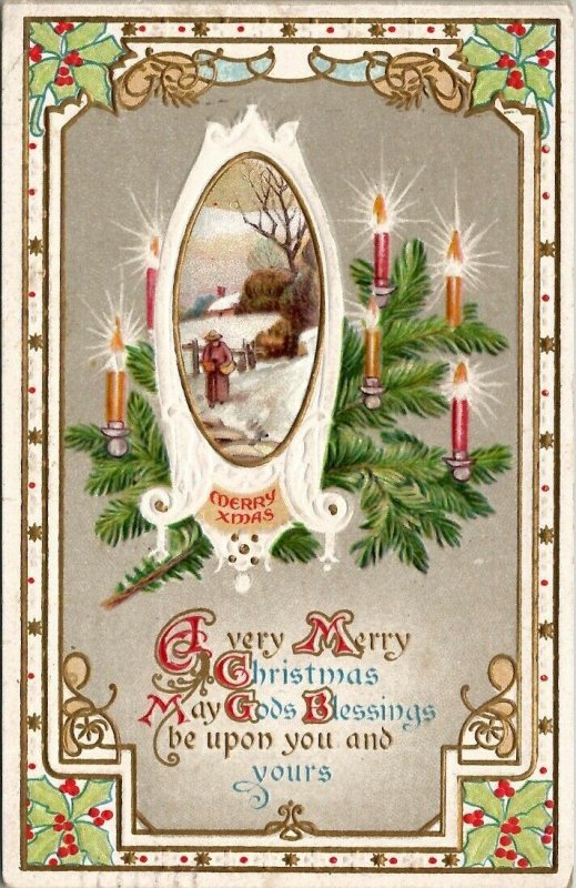 Art Nouveau Christmas Greetings Candlelit Tree Gilded Embossed Postcard T19