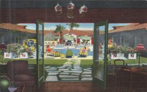 Vintage Linen Postcard Normandy Village Inn Palm Springs Poolside Scene