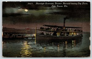 Lake Geneva Wisconsin~Steamer Harvard Leaves City Docks for Moonlight Excursion 