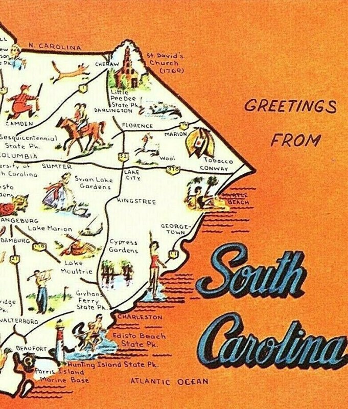 Greetings South Carolina SC Art Pictorial Map Souvenir Highway Vintage Postcard