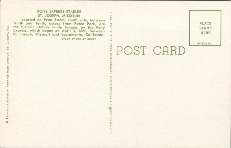 Pony Express Stables St. Joseph MO Postcard PC368