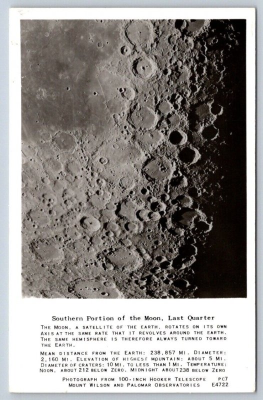 Last Quarter Moon, 100 Telescope, Wilson & Palomar Observatories, RPPC Postcard