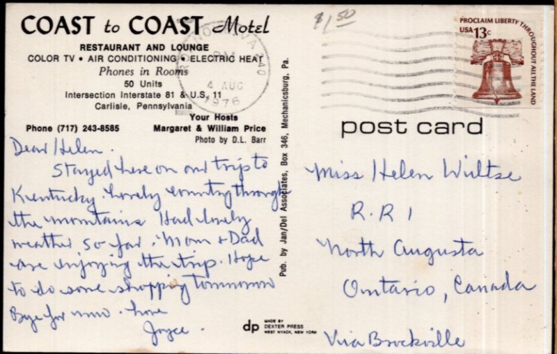 Pennsylvania CARLISLE Coast to Coast Motel Restaurant and Lounge pm1976 Chrome