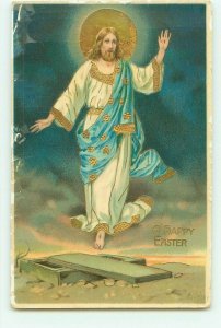 Jesus With Gold Foil Trim & Halo Rising from Tomb Old Embossed Easter Postcard