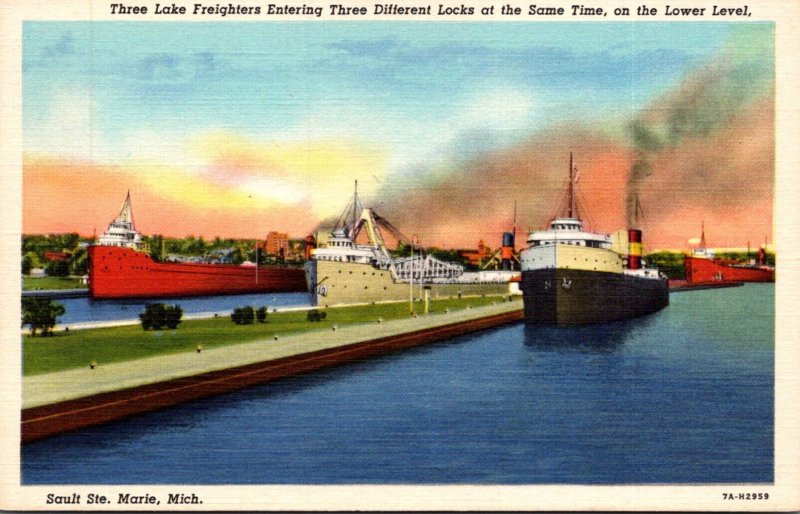 Michigan Sault Ste Marie Three Lake Freighters Entering Different Lock At The...