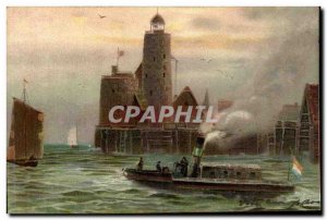 Old Postcard Fantasy Boat Lighthouse (lighthouse)