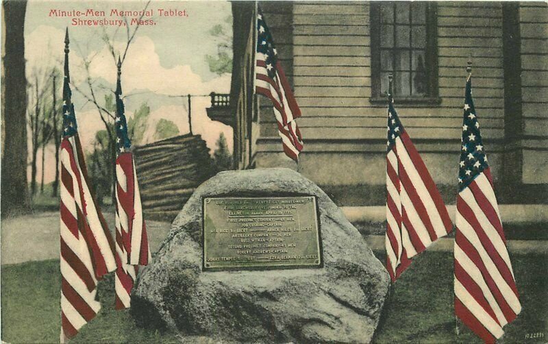 C-1910 Patriotic Flags Minute Memorial Shrewsbury Massacusetts Postcard 9358