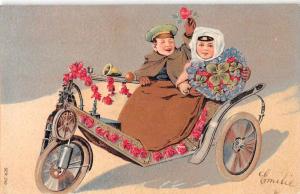 Greetings Children Riding in Car Flowers Antique Postcard J58139