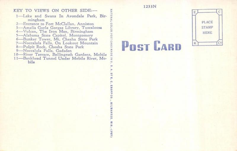 AL, Alabama      MAP CARD & Eleven State Scenes      c1940's Linen Postcard