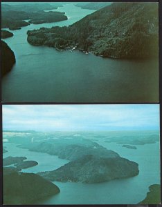 (2) BC Aerial View MINSTREL ISLAND Gateway to Knight Inlet - Chrome 1950s-1970s